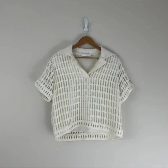 Jonathan Simkhai Sweaters - Jonathan Simkhai Rossi Net Knit Overlay Polo Shirt in White Size Small